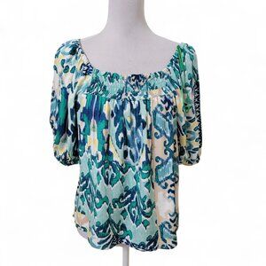 Cupio Size S Green Ikat Short Sleeve Square Neck Printed Top, NEW w/Tag